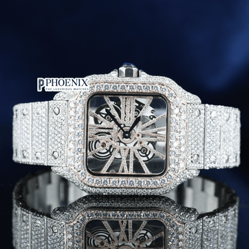 Rose Gold Skeleton Dial Two Tone Moissanite Diamond Cartier Watch