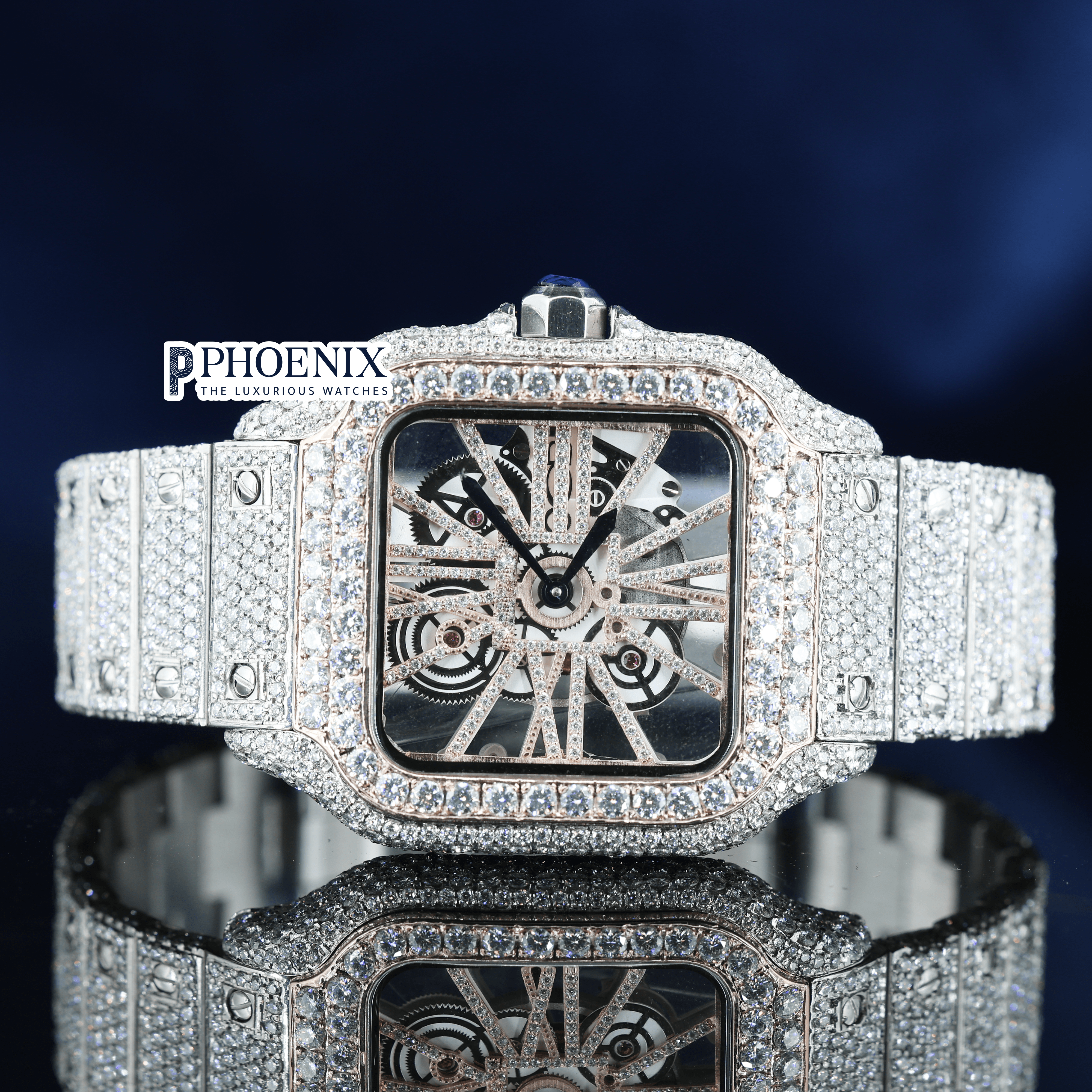 Rose Gold Skeleton Dial Two Tone Moissanite Diamond Cartier Watch