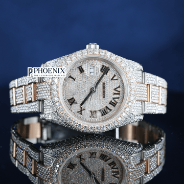 Rose Gold Roman Black Numerals Iced Out Moissanite Rolex Watch
