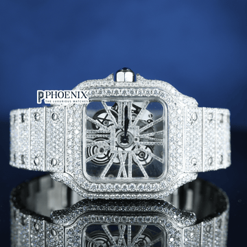 White Gold Skeleton Dial Diamond Bar Strap Moissanite Cartier Watch