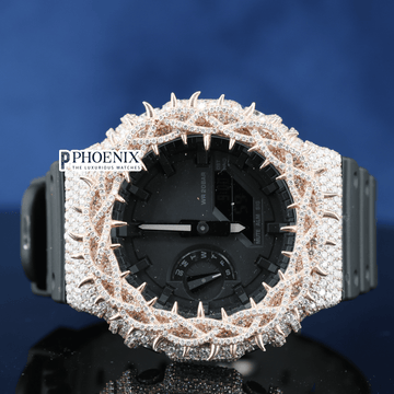 Custom Black Dial Iced Out Rose Gold Thorn Gshock Watch with Black Strap