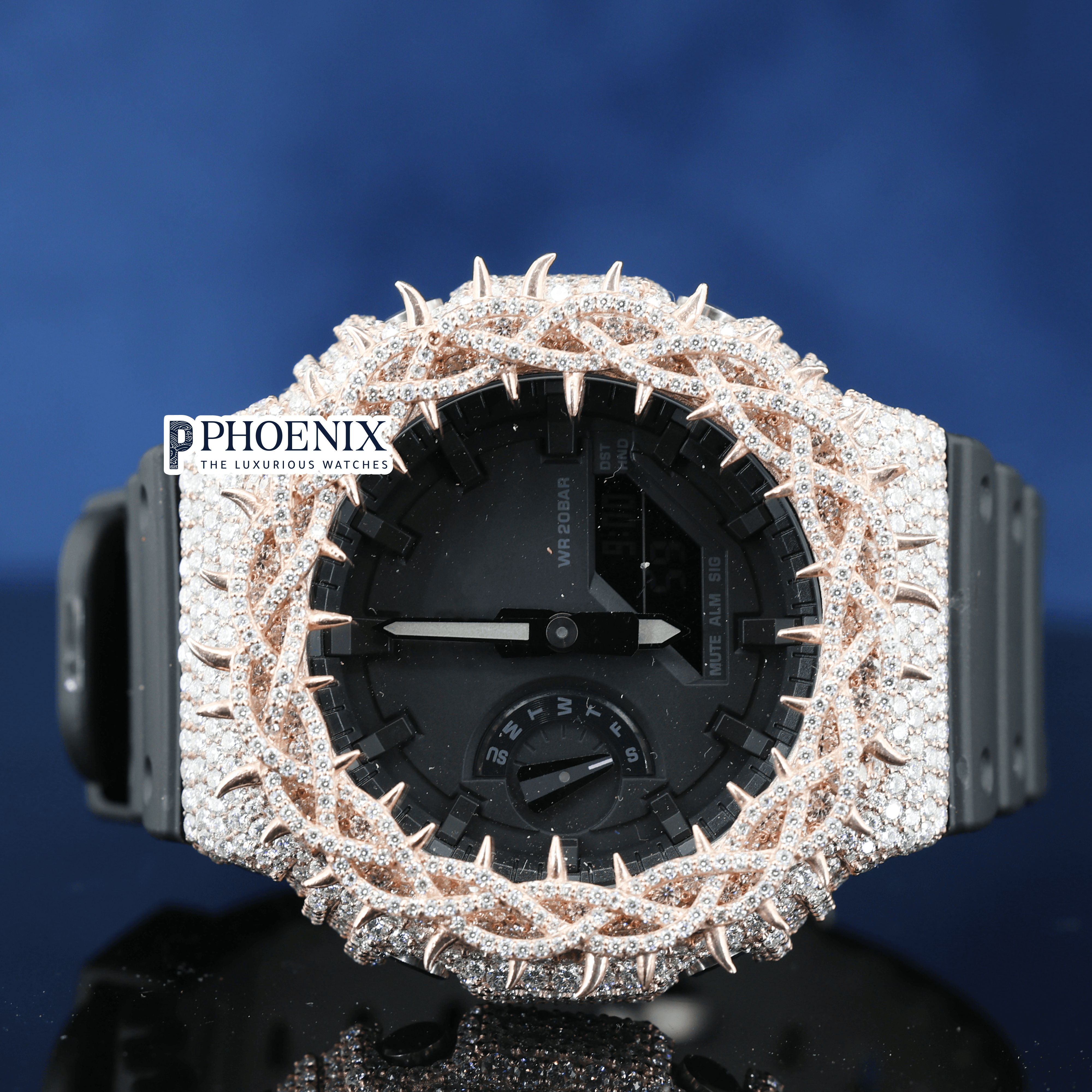 Custom Black Dial Iced Out Rose Gold Thorn Gshock Watch with Black Strap