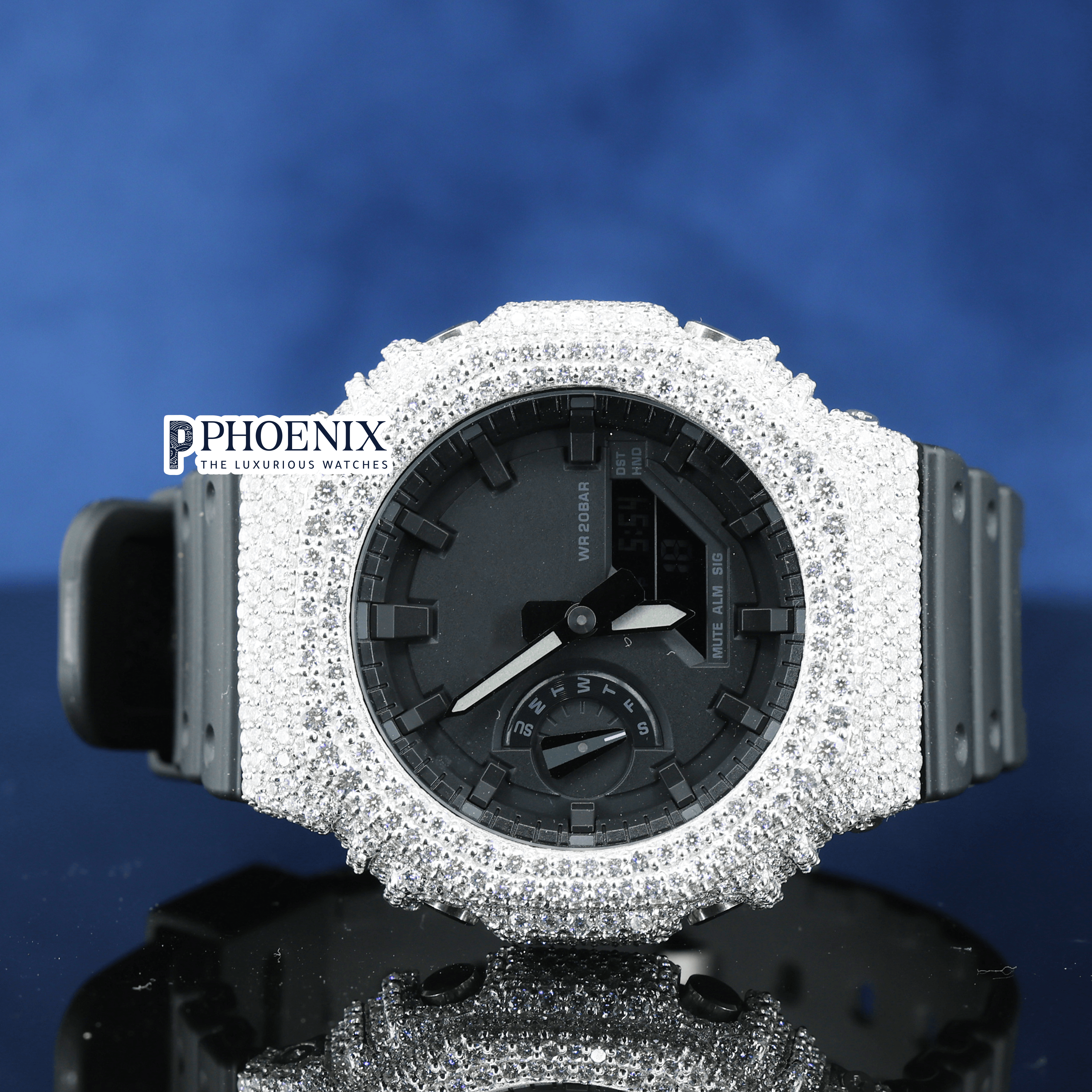 Custom Black Dial Iced Out White Gshock Watch with Black Strap