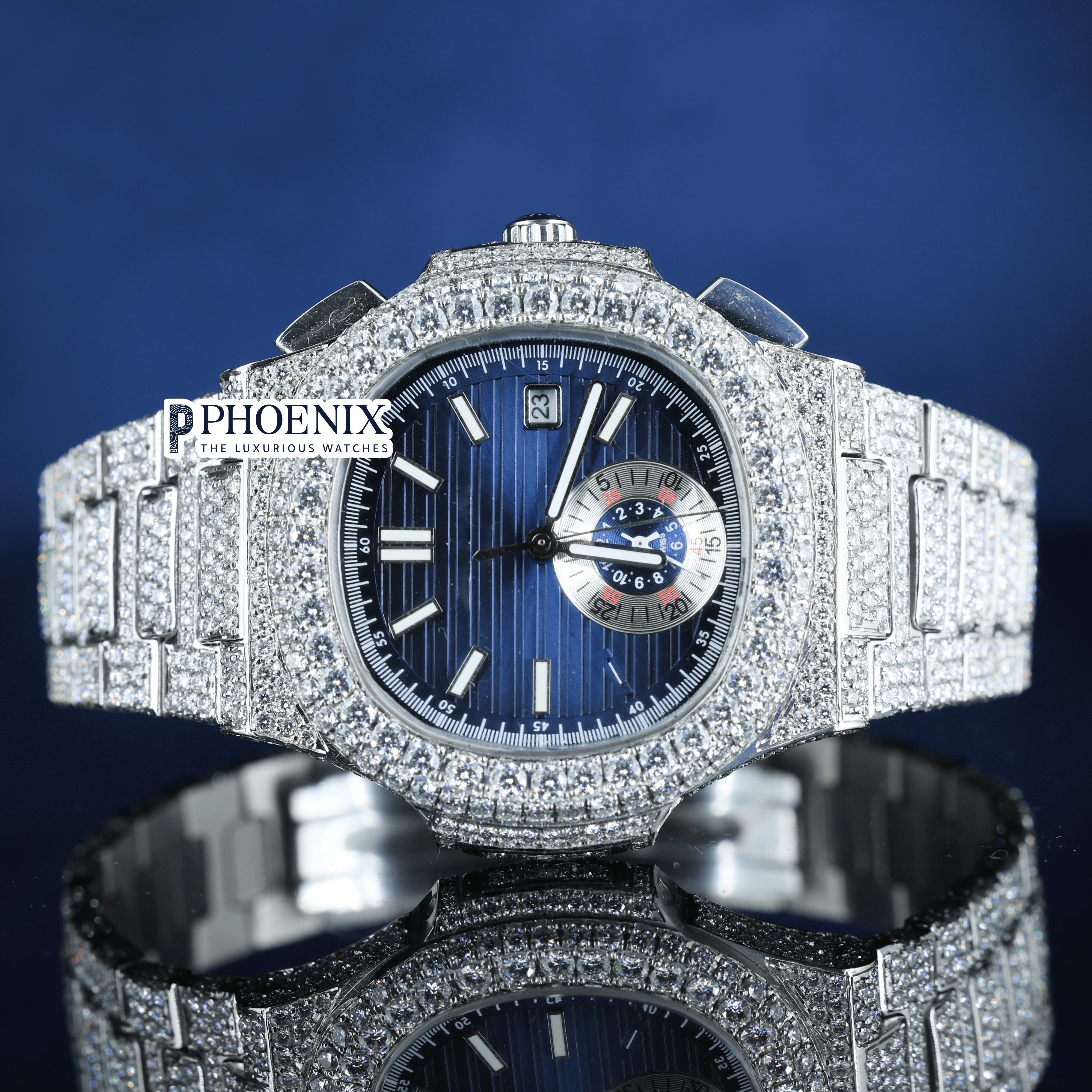Patek Philippe Blue Dial Watch Moissanite Diamonds