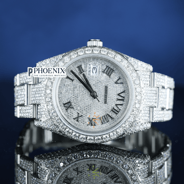 Roman Numerals Fully Iced Out White Dial Moissanite Diamond Rolex Watch
