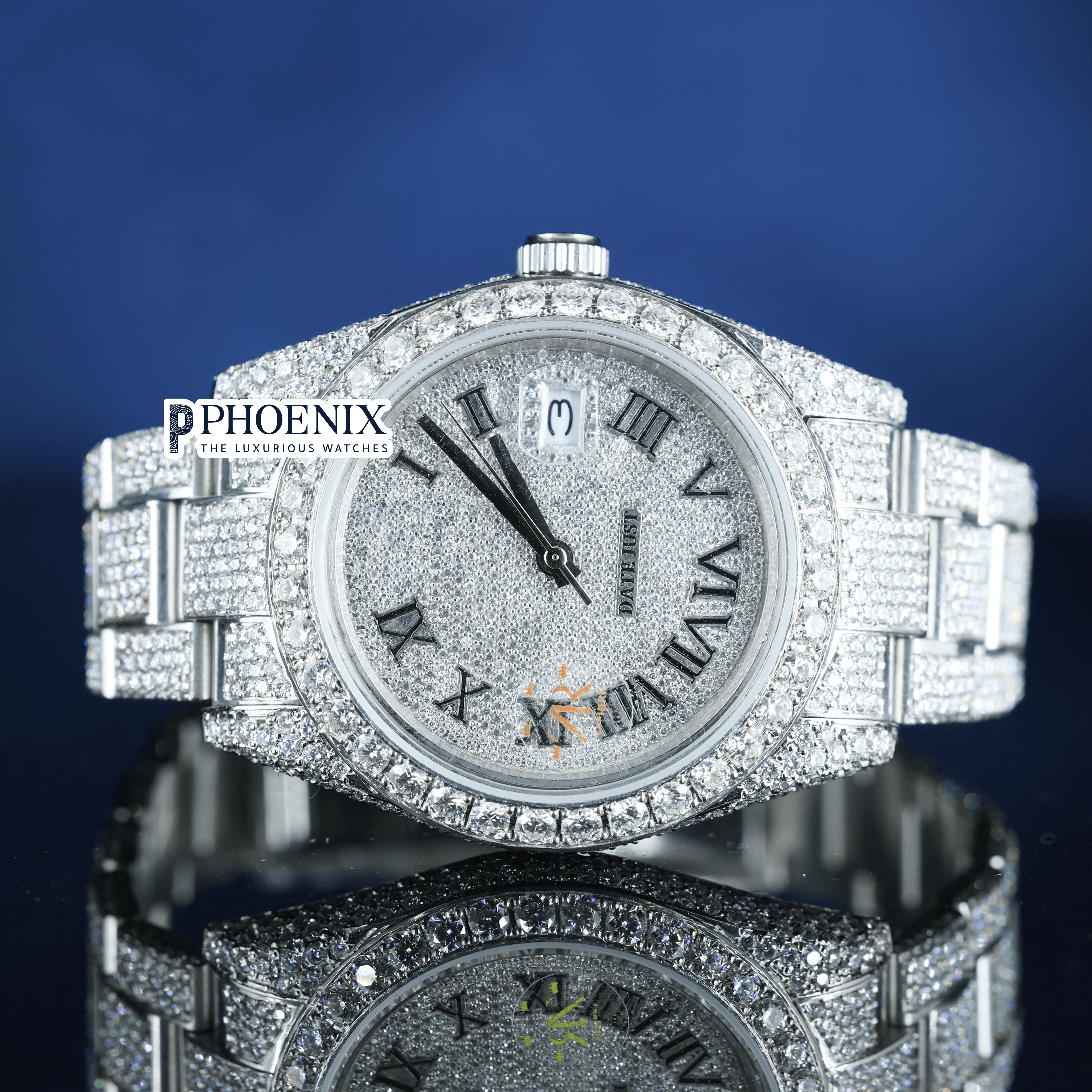 Roman Numerals Fully Iced Out White Dial Moissanite Diamond Rolex Watch