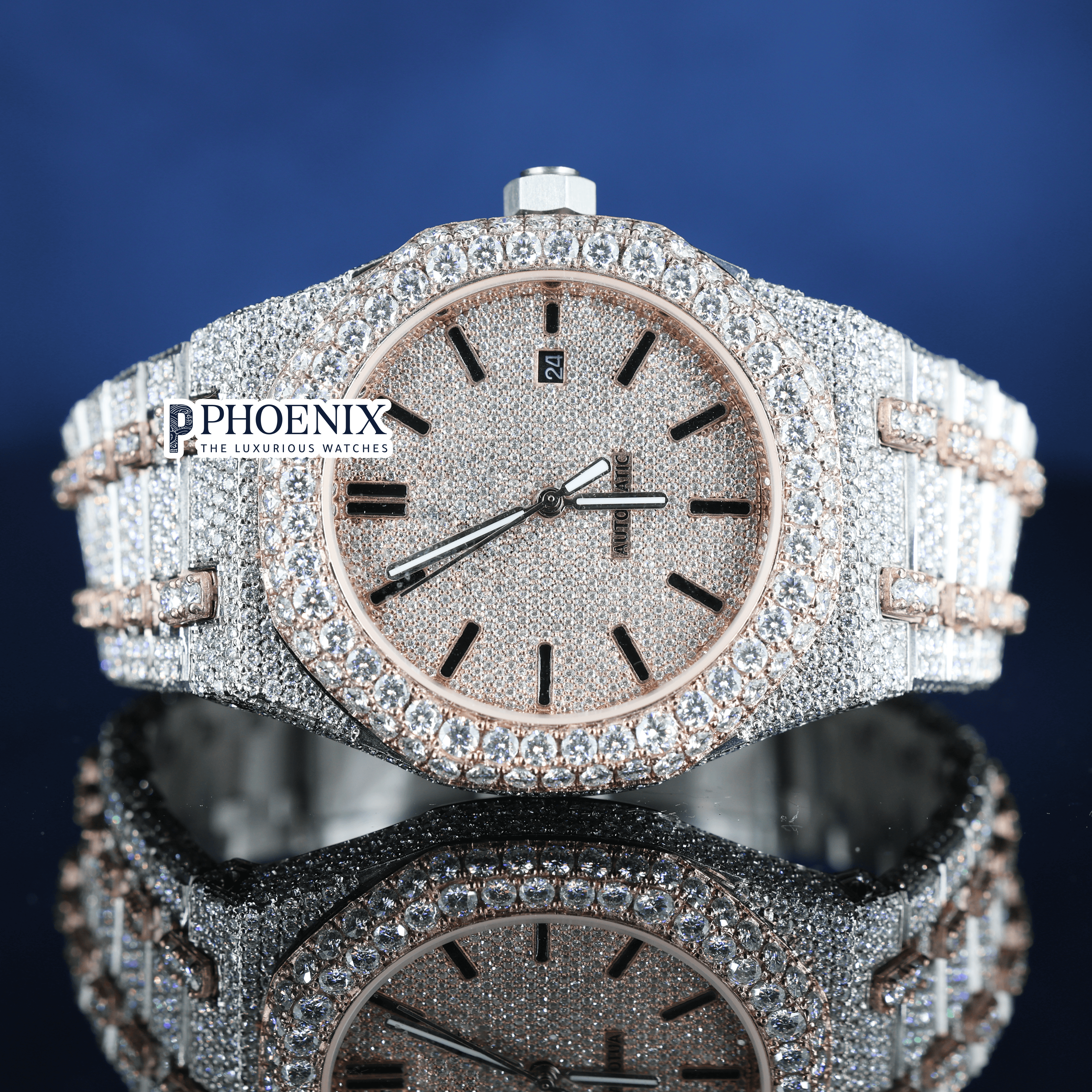 Rose Gold Dial Fully Iced Out Moissanite Diamond AP Watch