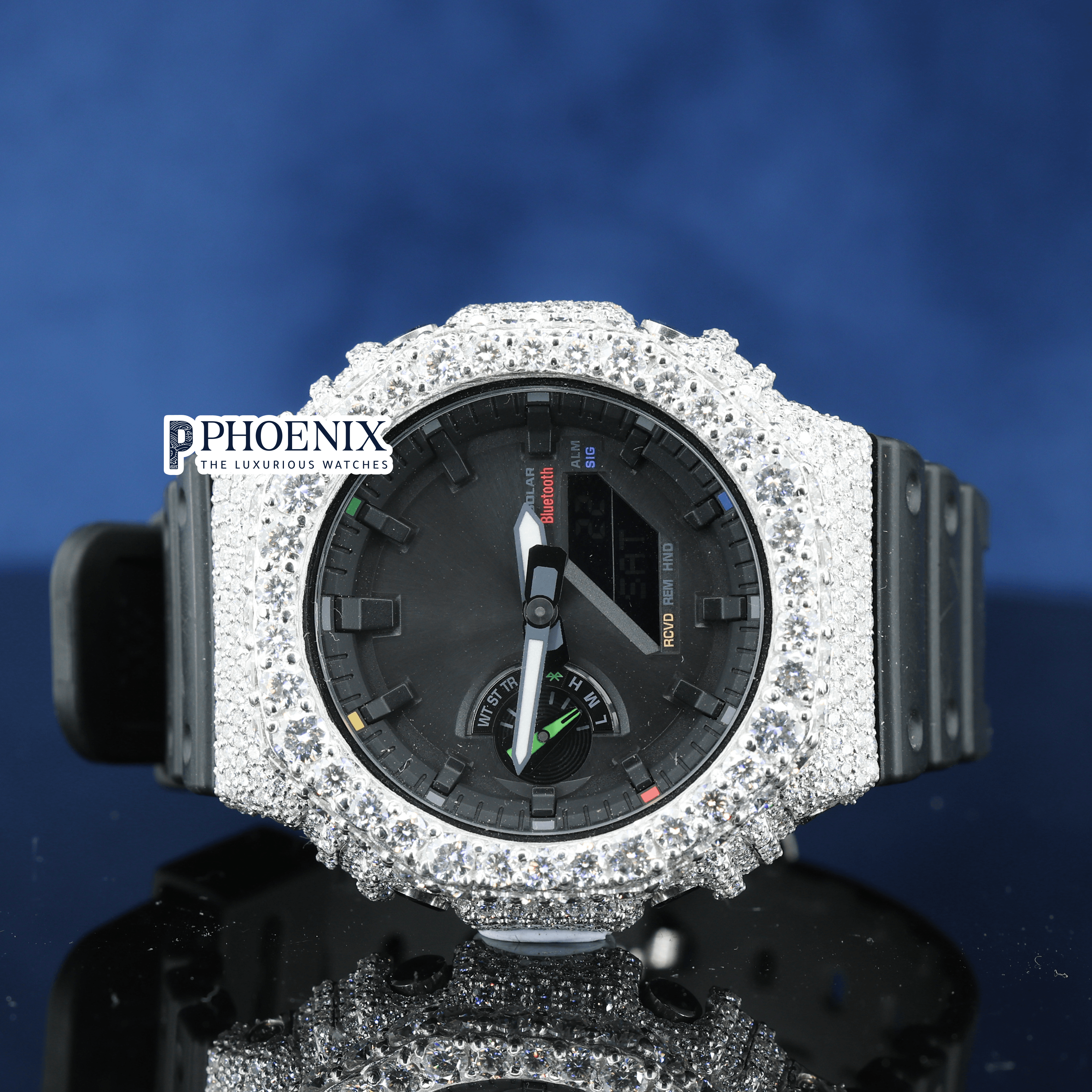 Custom Black Dial Iced Out Gshock Watch with Black Strap and Multicolor Markers