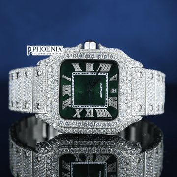 Green Dial Roman Numerals Fully Iced Out Moissanite Diamond Cartier Watch