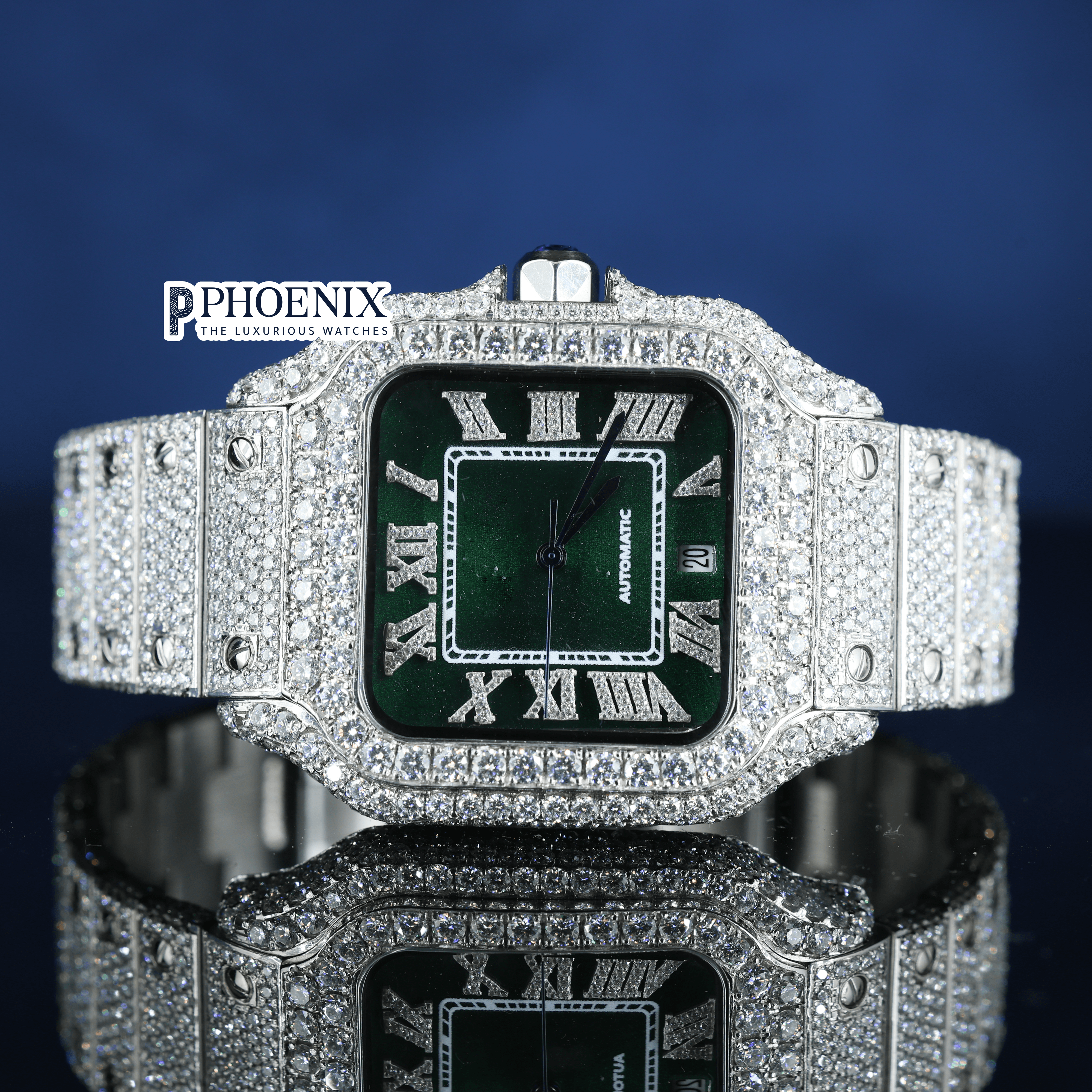 Green Dial Roman Numerals Fully Iced Out Moissanite Diamond Cartier Watch