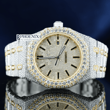 Yellow Dial Black Stick Markers Two Tone Iced Out Moissanite Diamond AP Watch