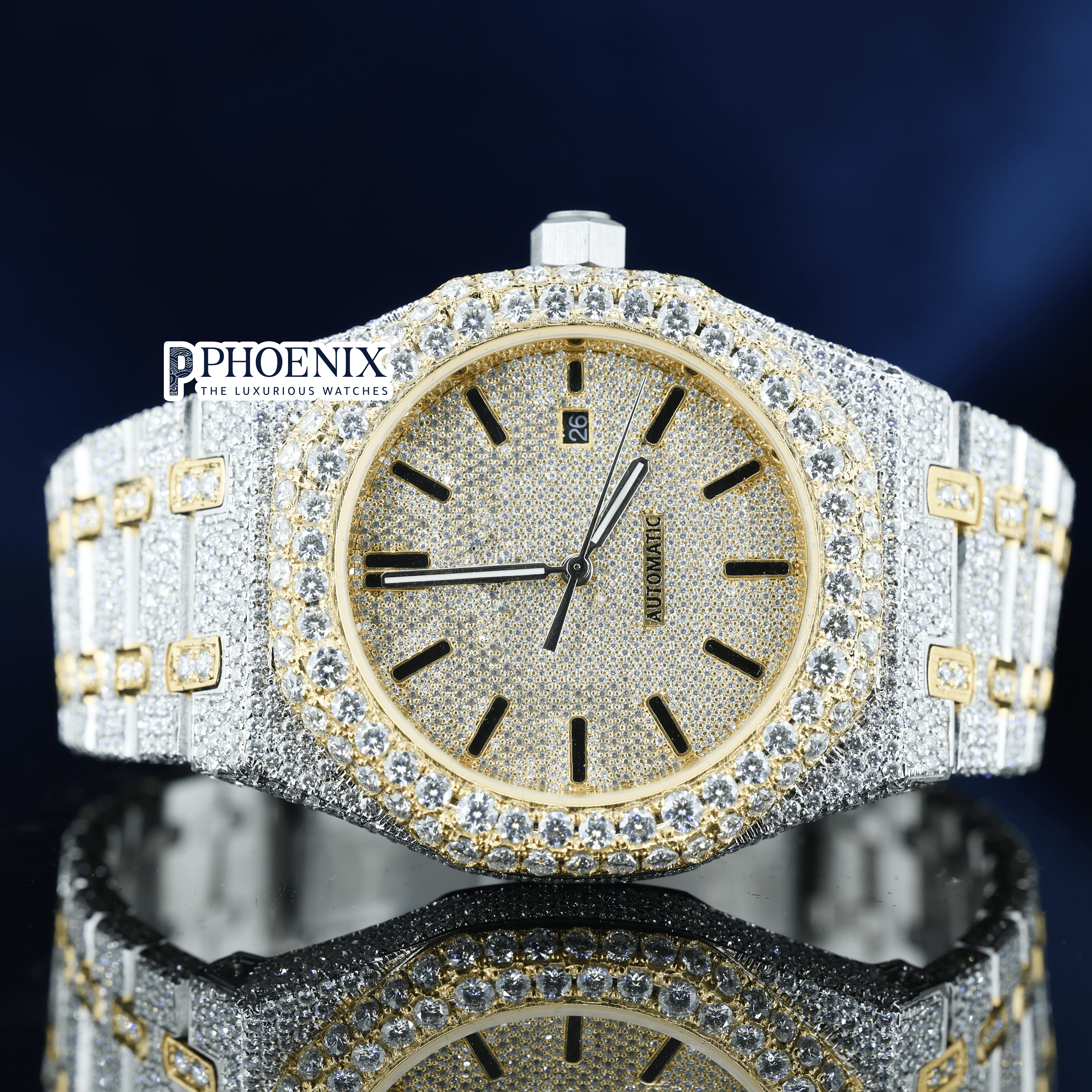 Yellow Dial Black Stick Markers Two Tone Iced Out Moissanite Diamond AP Watch