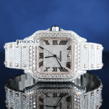 Fully Iced Black Roman Numerals Rose White Dial Moissanite Diamond Cartier Watch