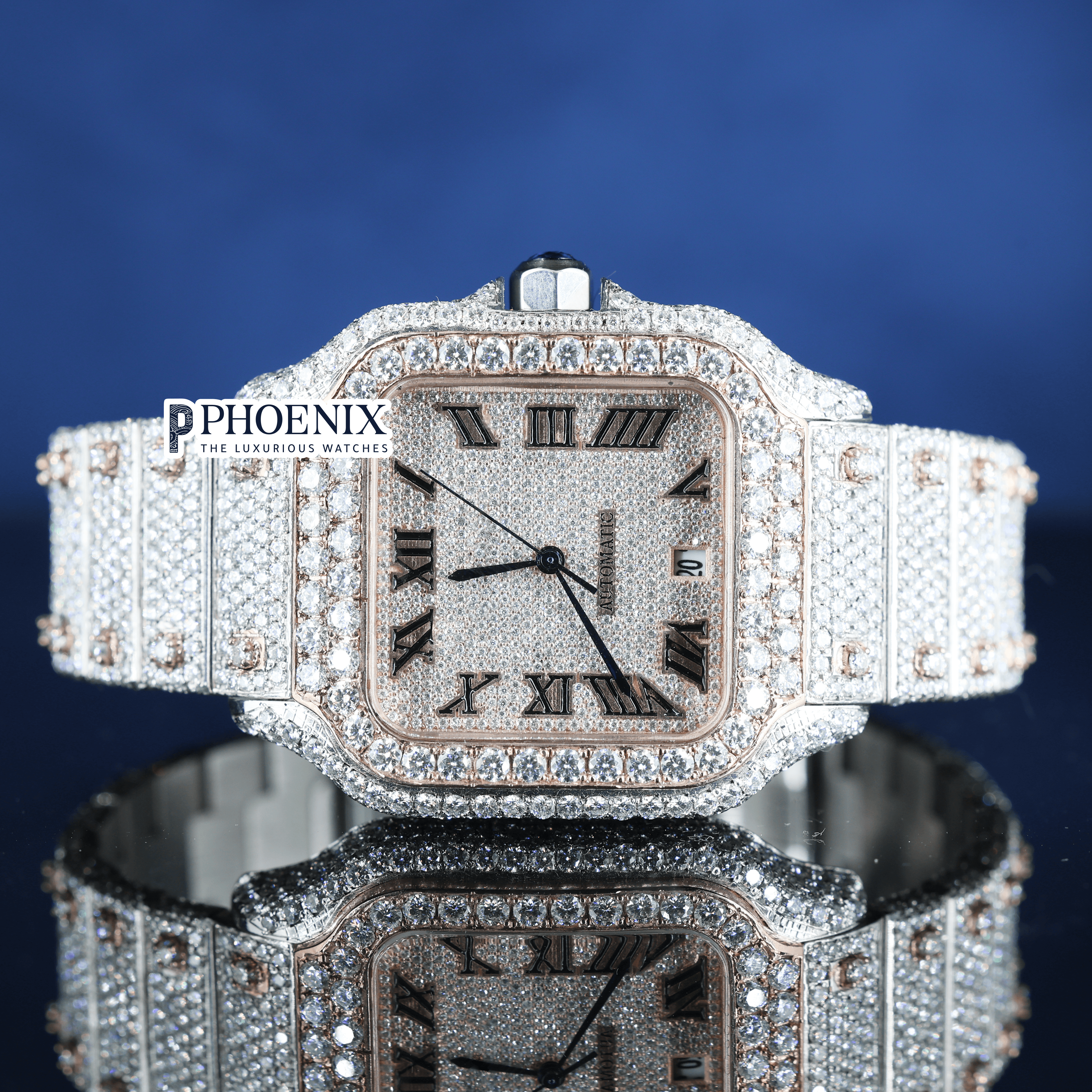 Fully Iced Black Roman Numerals Rose White Dial Moissanite Diamond Cartier Watch