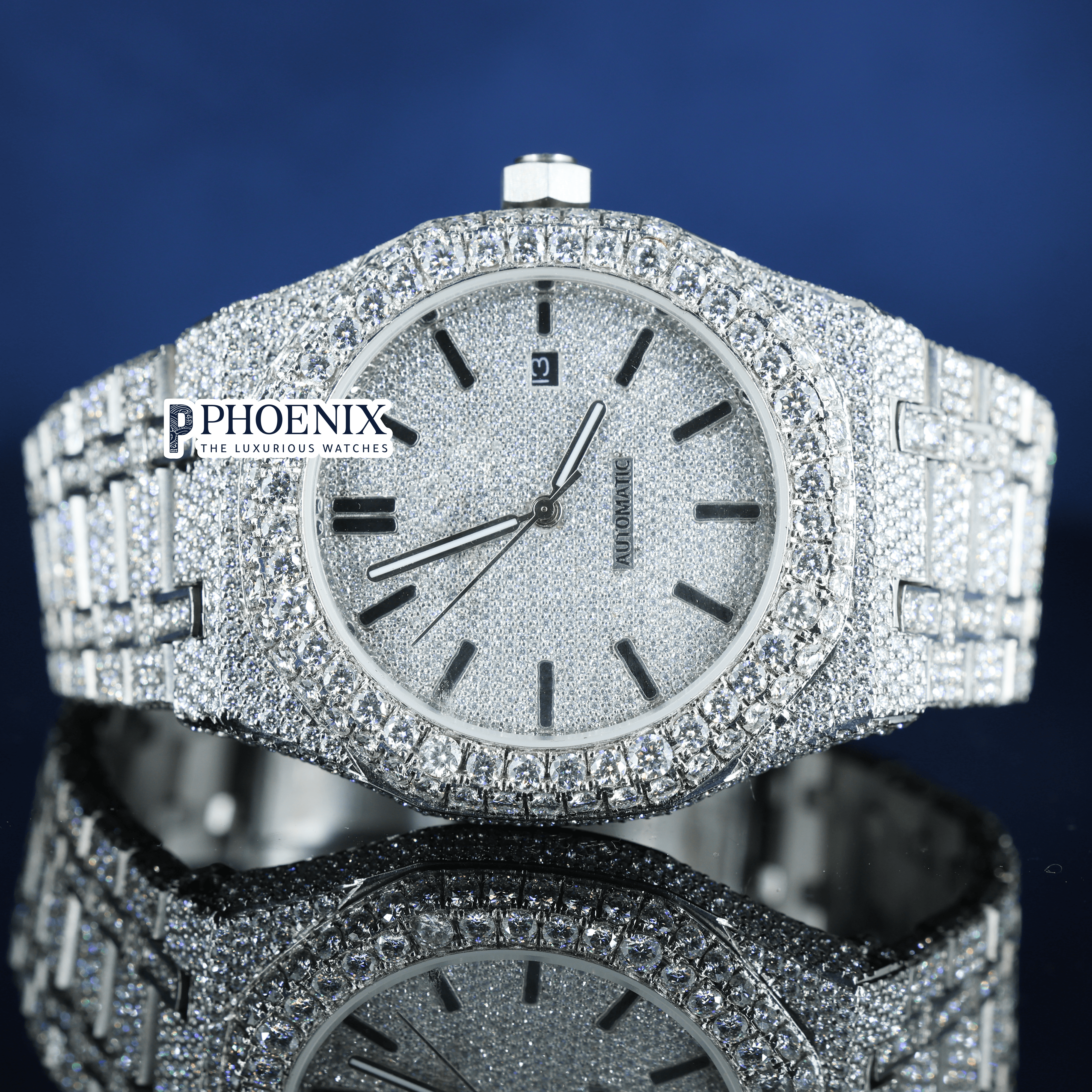Black Stick Dial White Gold Fully Iced Out Moissanite AP Watch