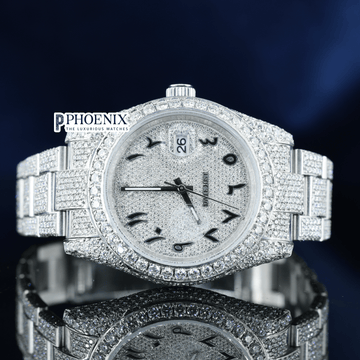 Rolex Diamond Bezel Arabic Dial Fully Iced Out Moissanite Watch