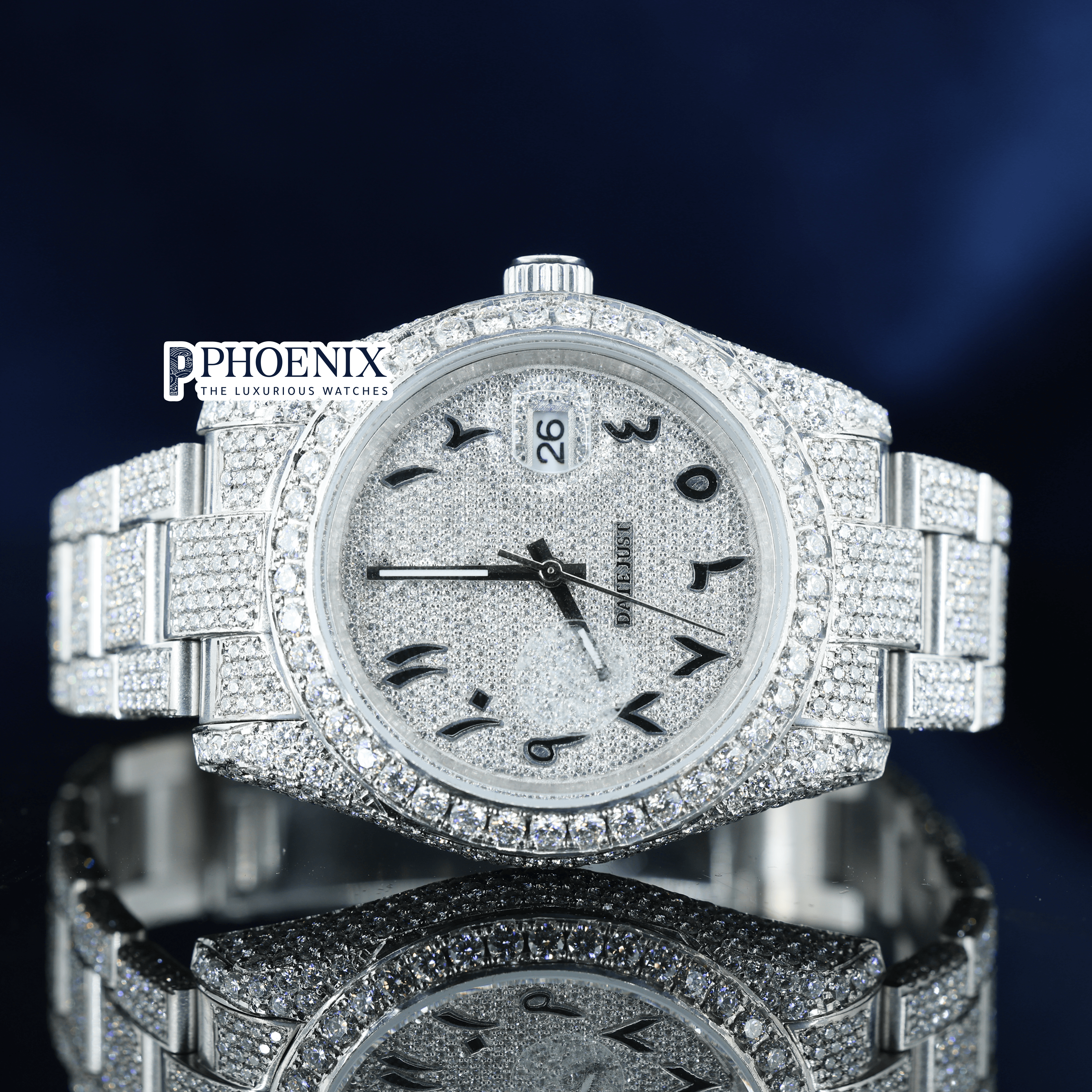 Rolex Diamond Bezel Arabic Dial Fully Iced Out Moissanite Watch
