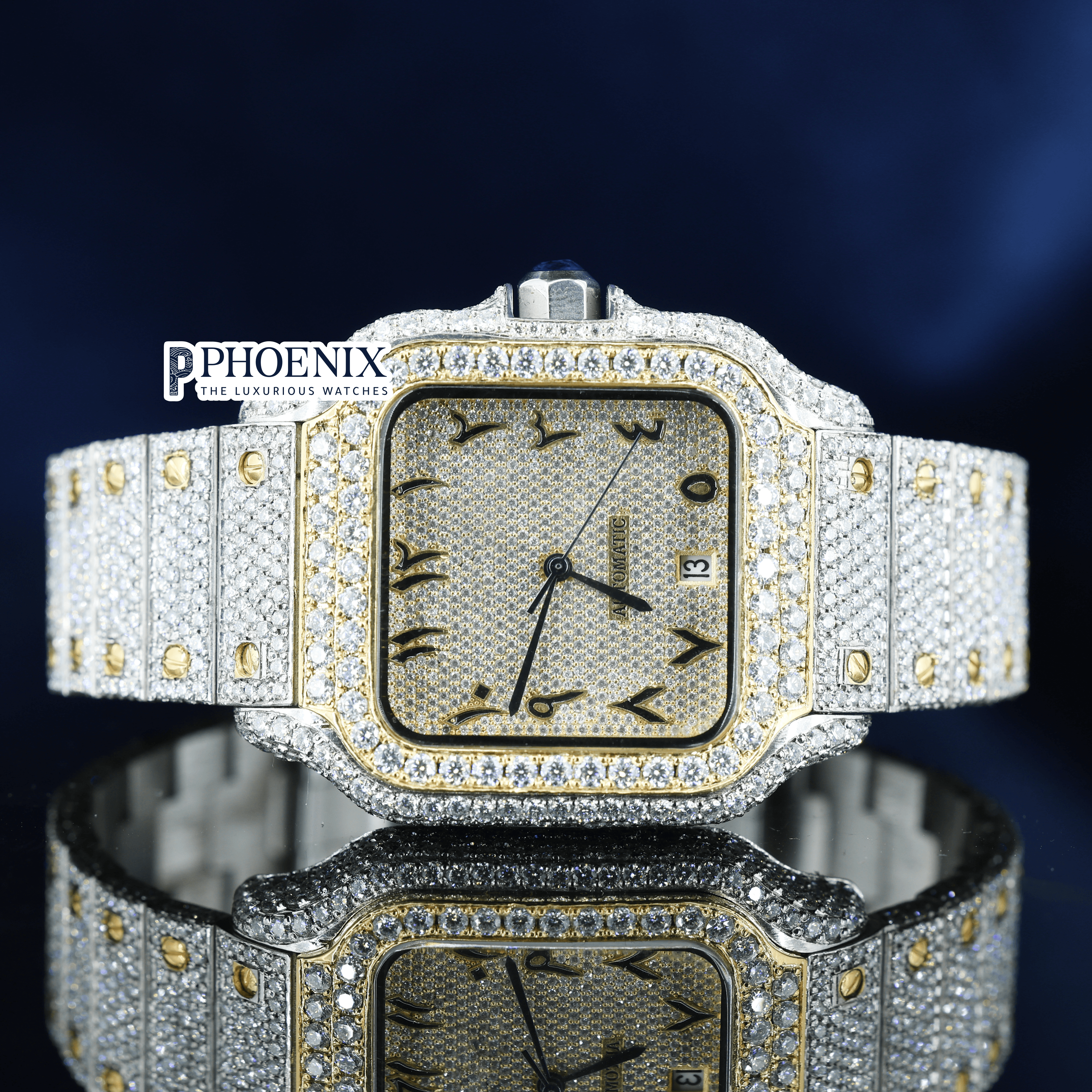 Two Tone Yellow Gold Dial Arabic Numerals Fully Iced Out Moissanite Cartier Watch