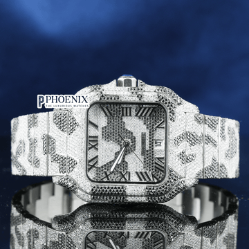 Roman Dial Black Camouflage Iced Out Strap Moissanite Cartier Watch