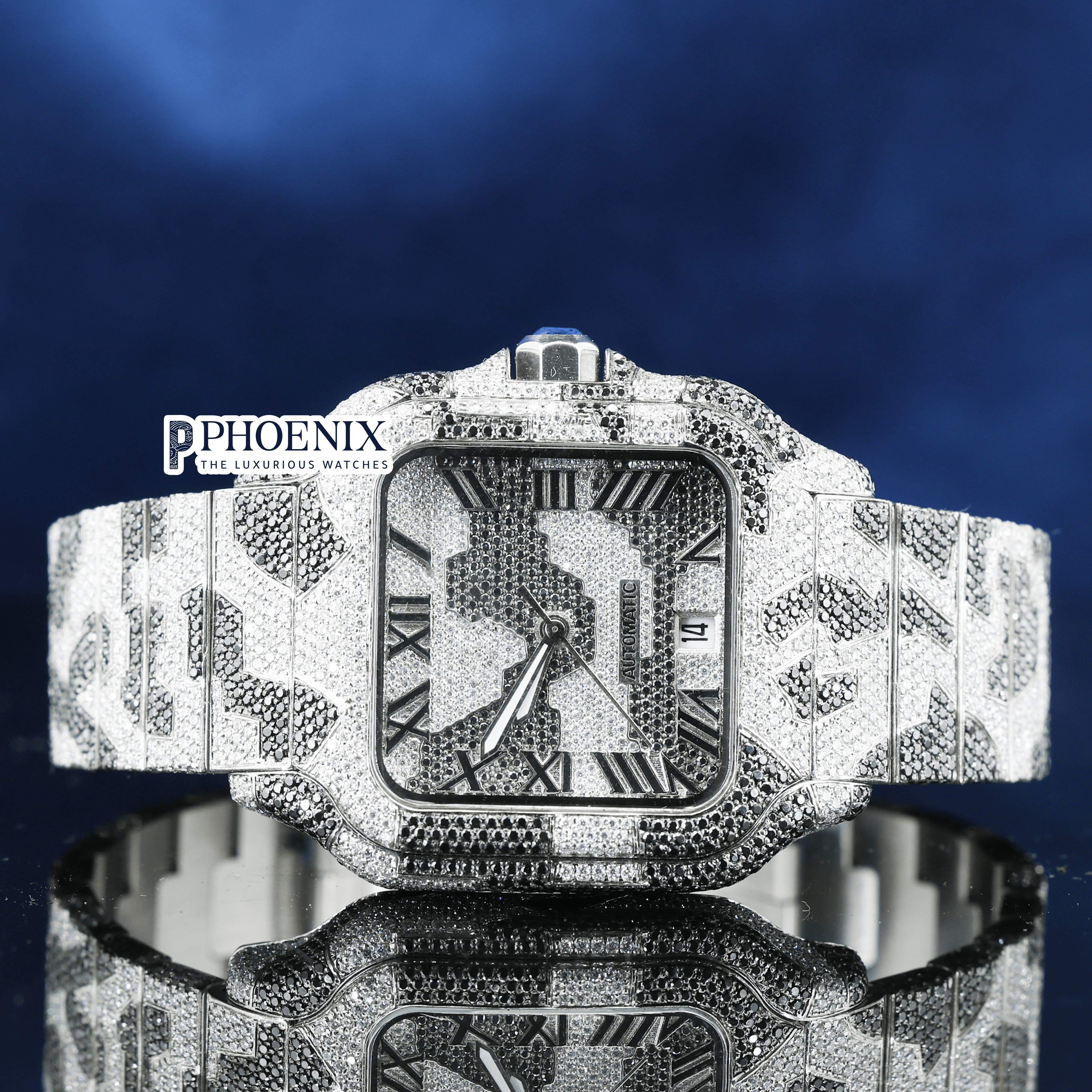 Roman Dial Black Camouflage Iced Out Strap Moissanite Cartier Watch
