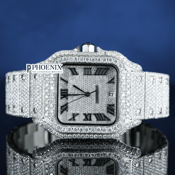 Black Roman Numerals White Dial Black Hands Full Iced Out Moissanite Cartier Watch