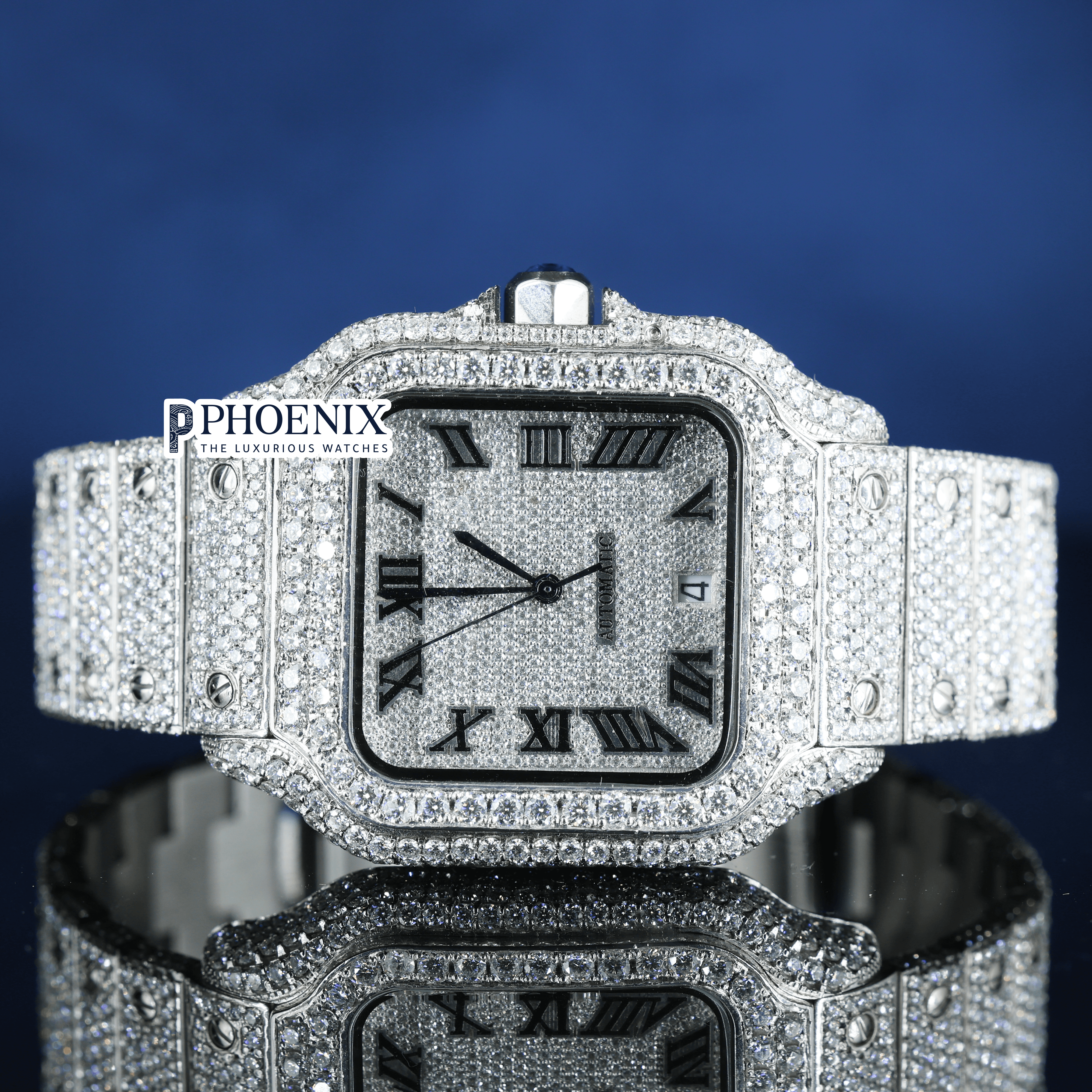 Black Roman Numerals White Dial Black Hands Full Iced Out Moissanite Cartier Watch