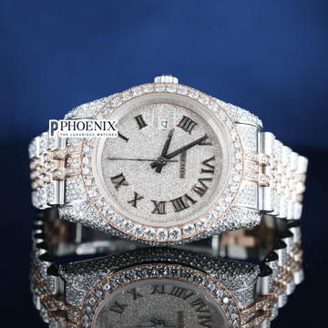 Rose Gold Dial Roman Numerals Fully Iced Out Moissanite Diamond Rolex Watch