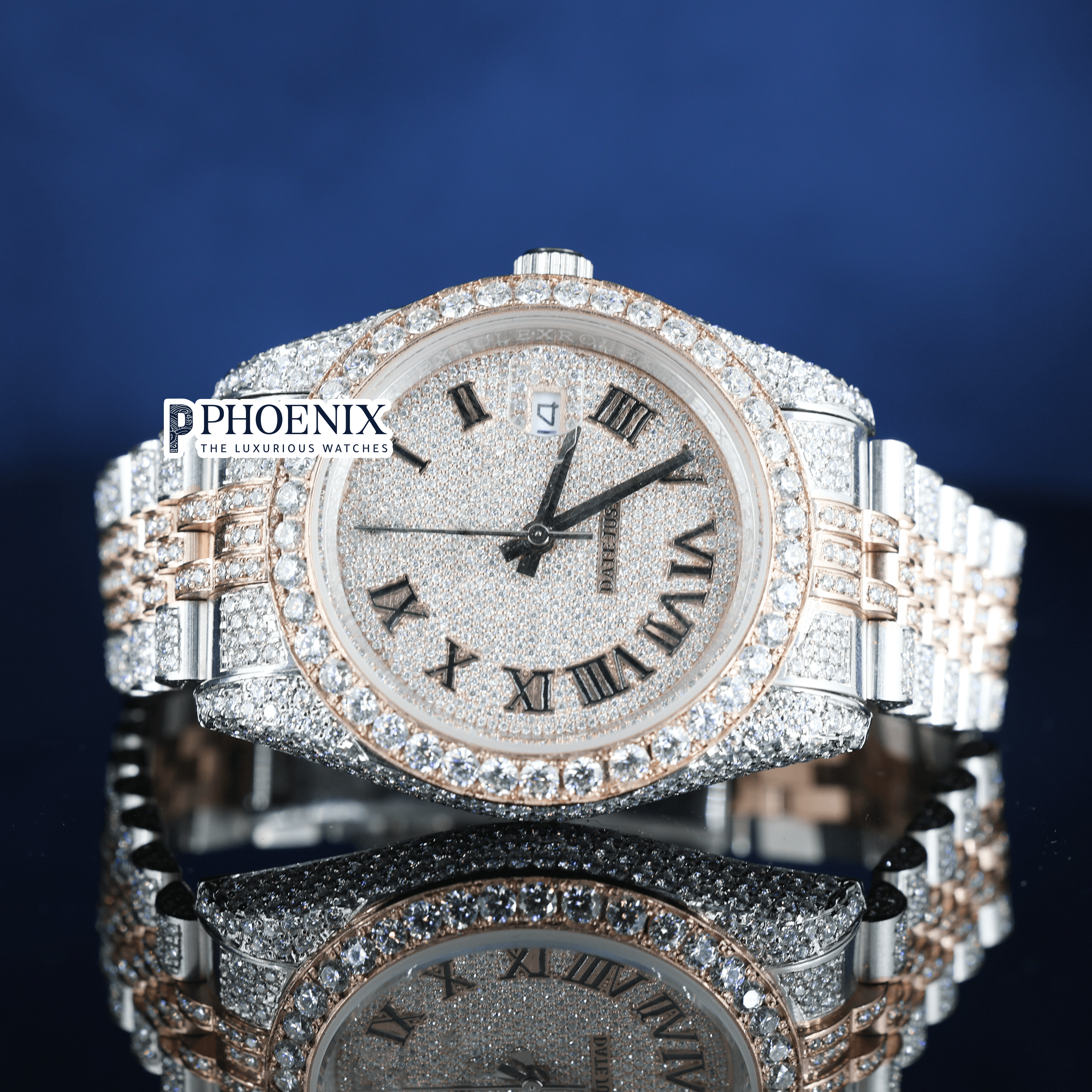 Rose Gold Dial Roman Numerals Fully Iced Out Moissanite Diamond Rolex Watch