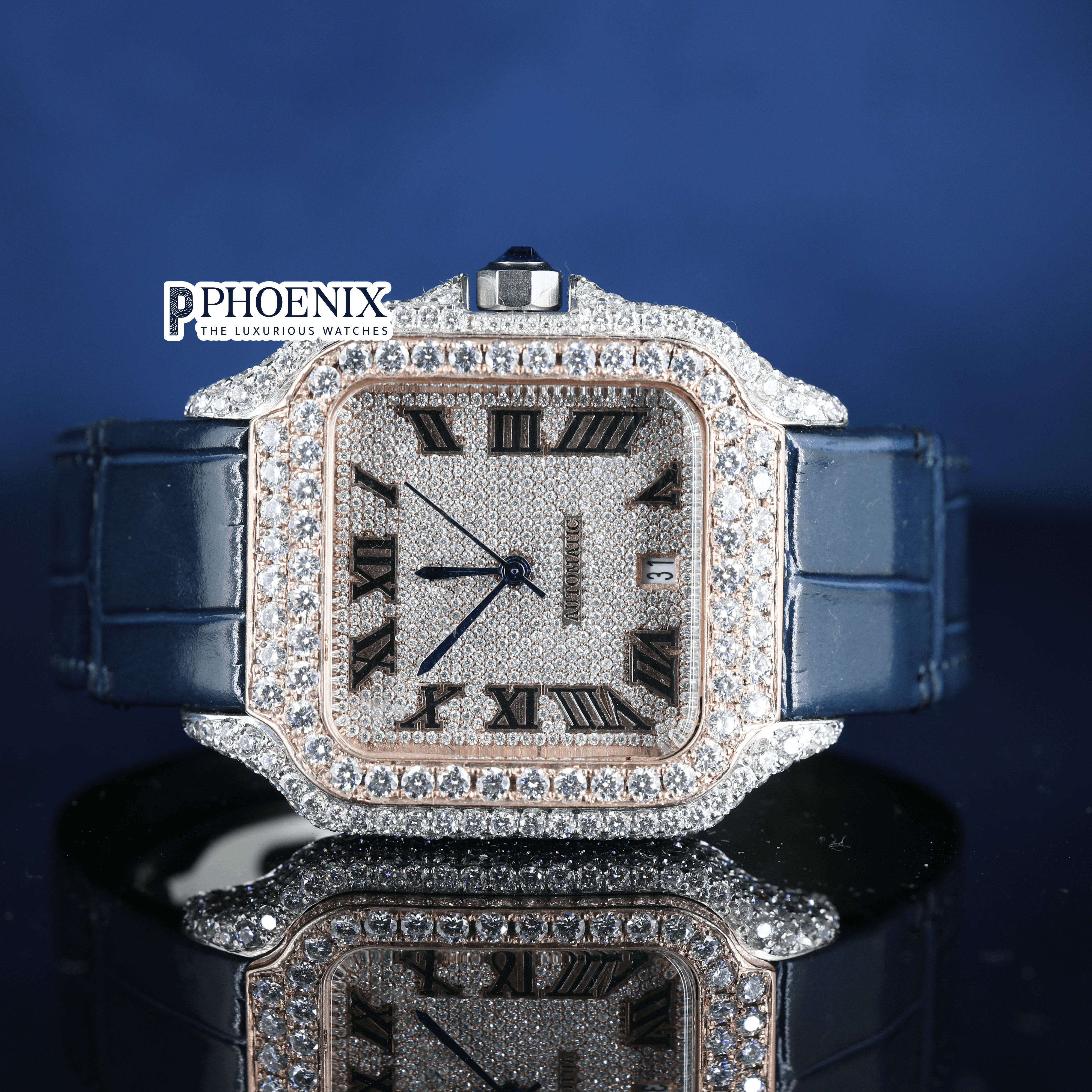 Rose Gold Roman Dial Semi Iced Out Blue Leather Strap Moissanite Cartier Watch