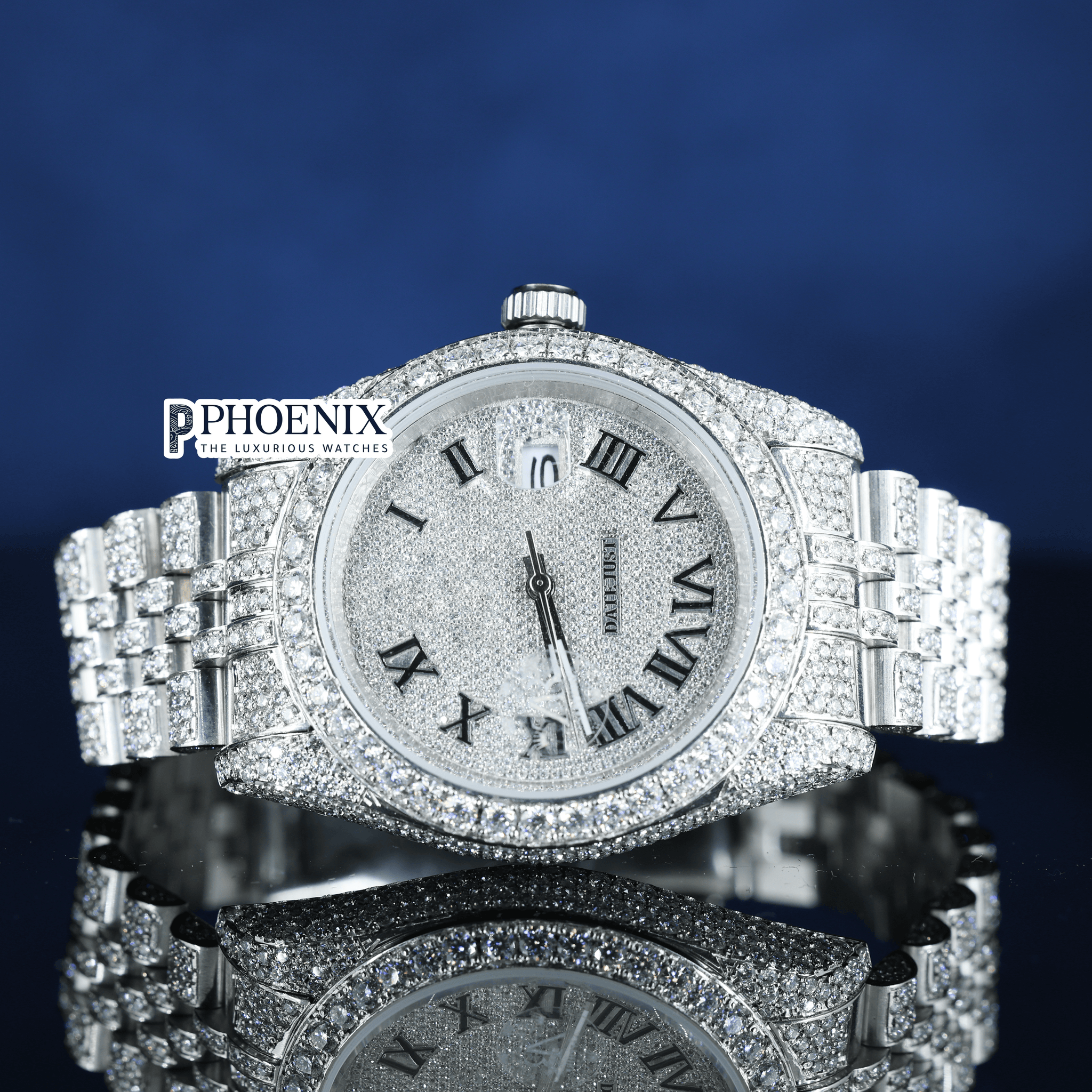 Fully Iced Out White Dial Roman Black Numerals Moissanite Rolex