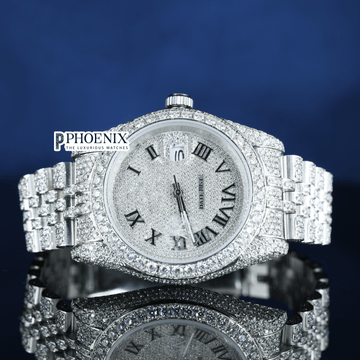 Fully Iced Out White Dial Roman Black Numerals Moissanite Rolex Watch