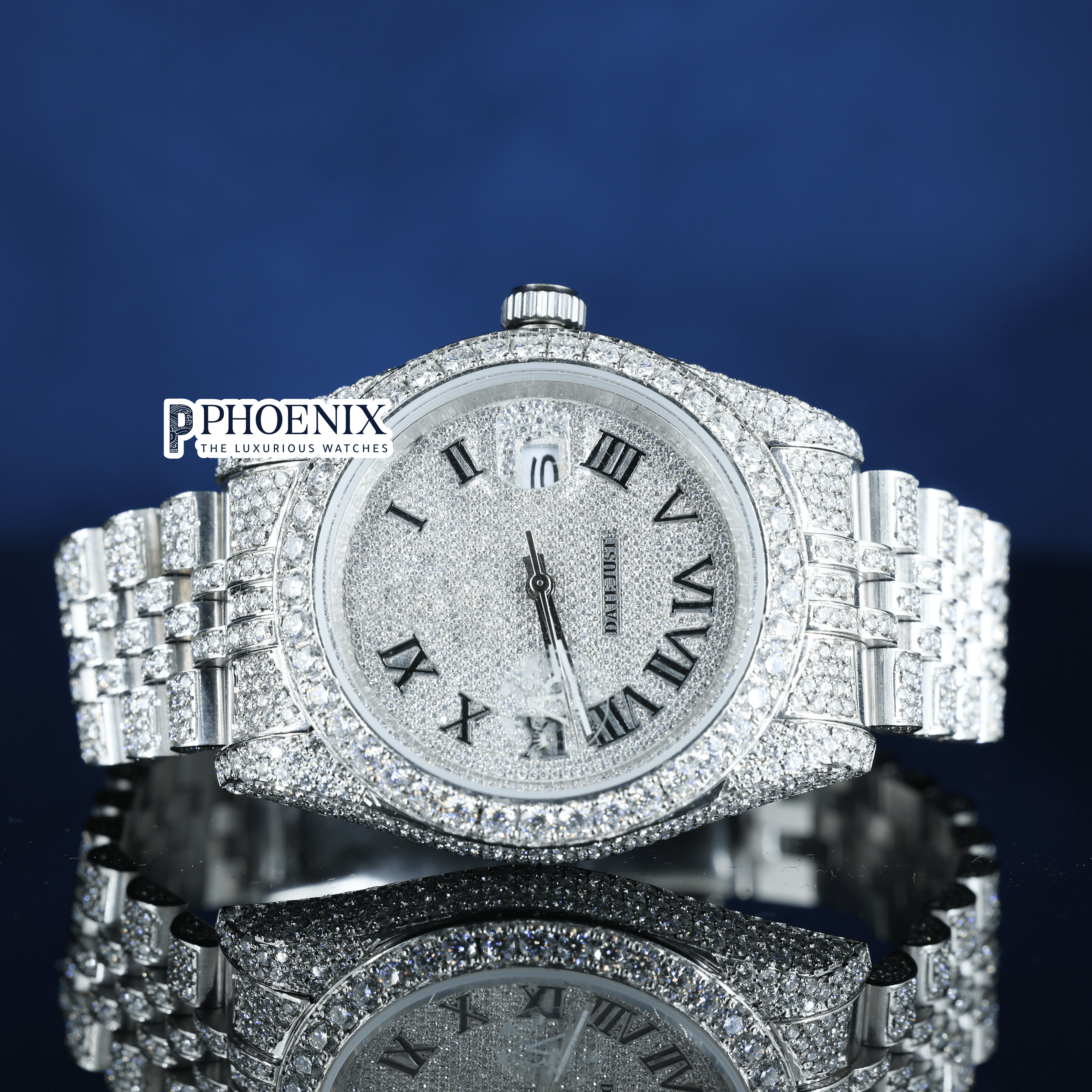 Fully Iced Out White Dial Roman Black Numerals Moissanite Rolex Watch