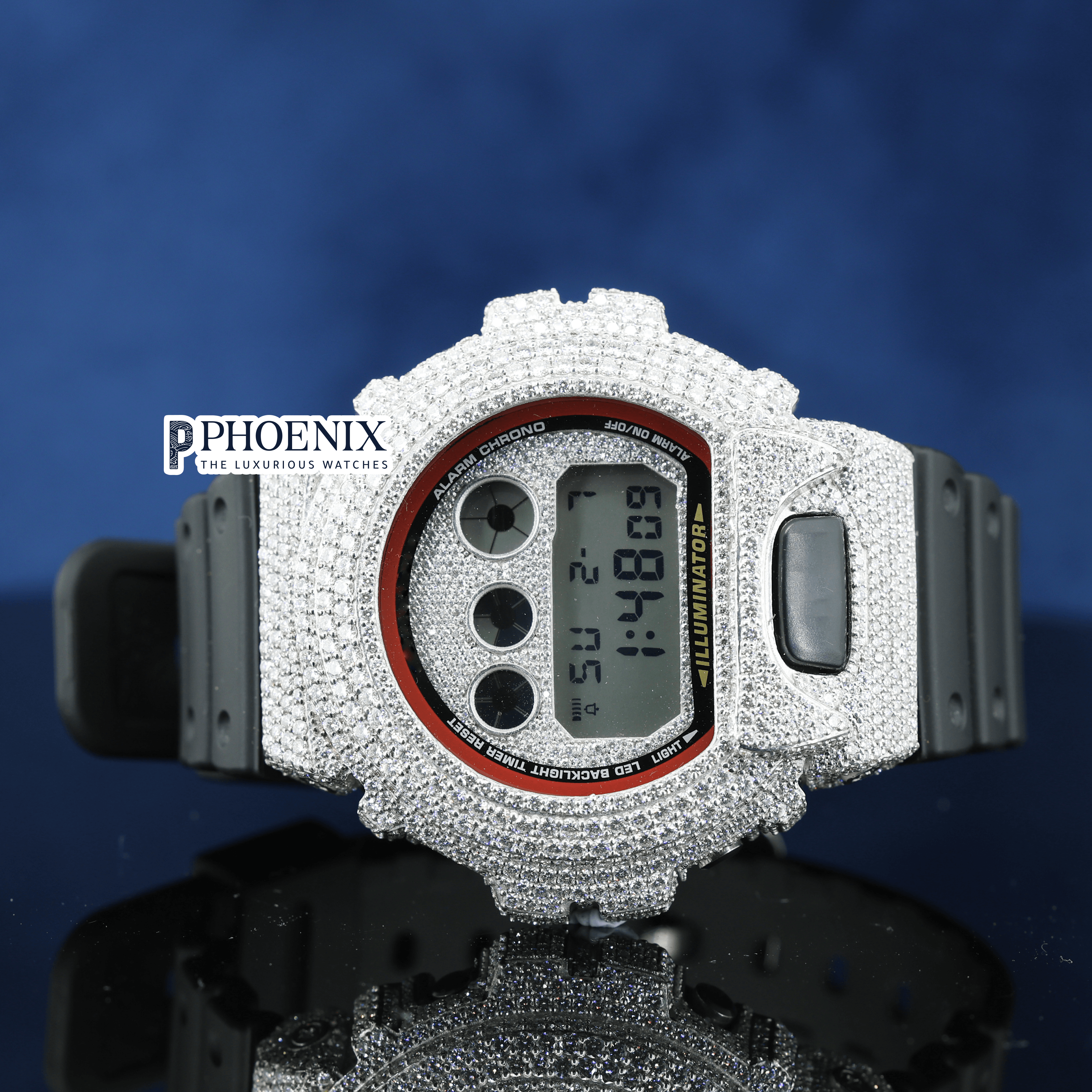 Custom Dial Iced Out White Digital Gshock Watch with Black Strap
