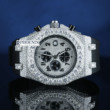 White Dial Chronograph Black Rubber Strap Semi Iced Out AP Moissanite Watch