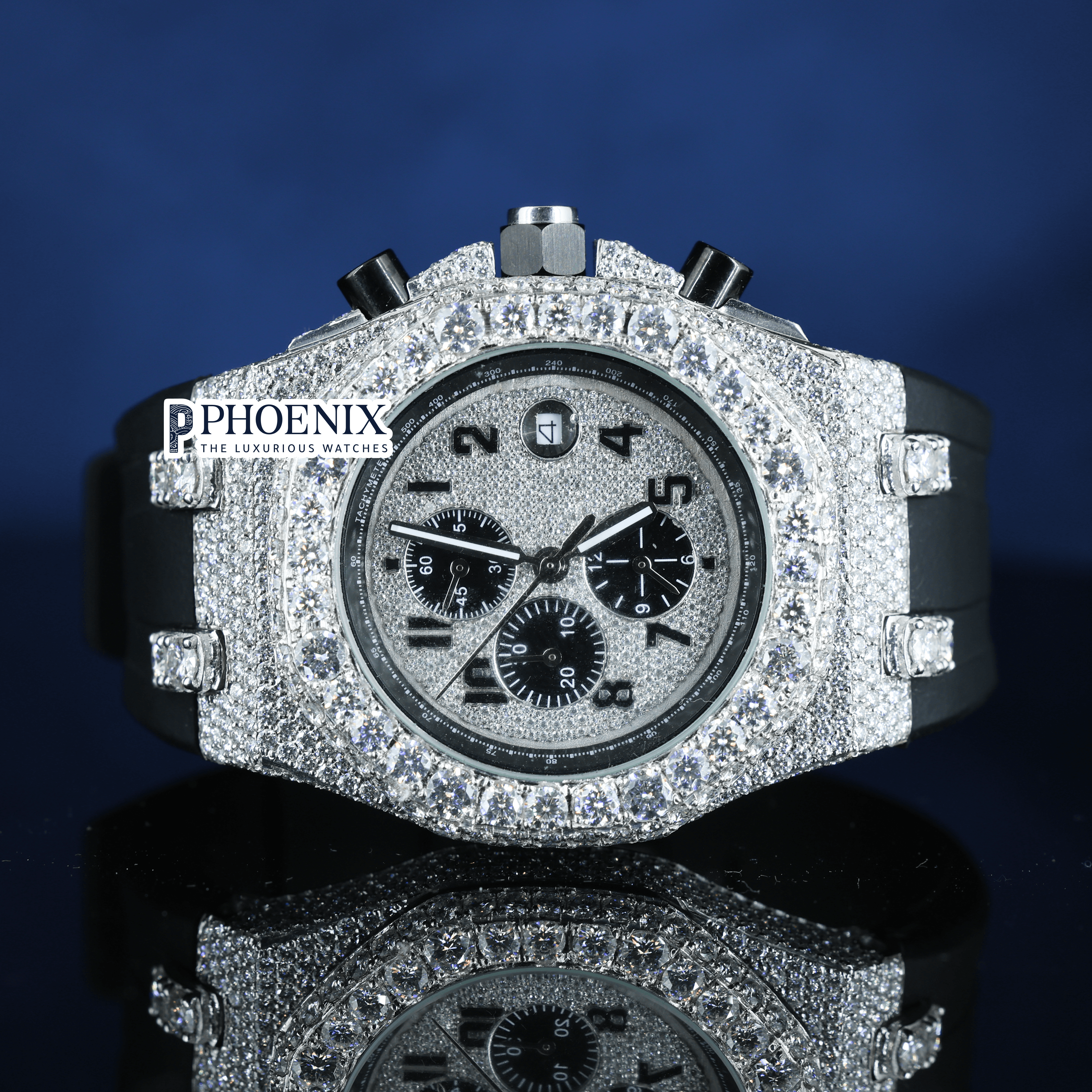 White Dial Chronograph Black Rubber Strap Semi Iced Out AP Moissanite Watch