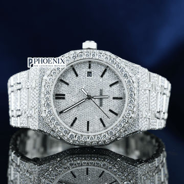 Stick Markers White Dial Fully Iced Out Moissanite Diamond AP Watch