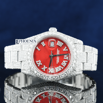 Iced Out Red Dial Roman Numerals Moissanite Diamond Rolex Watch