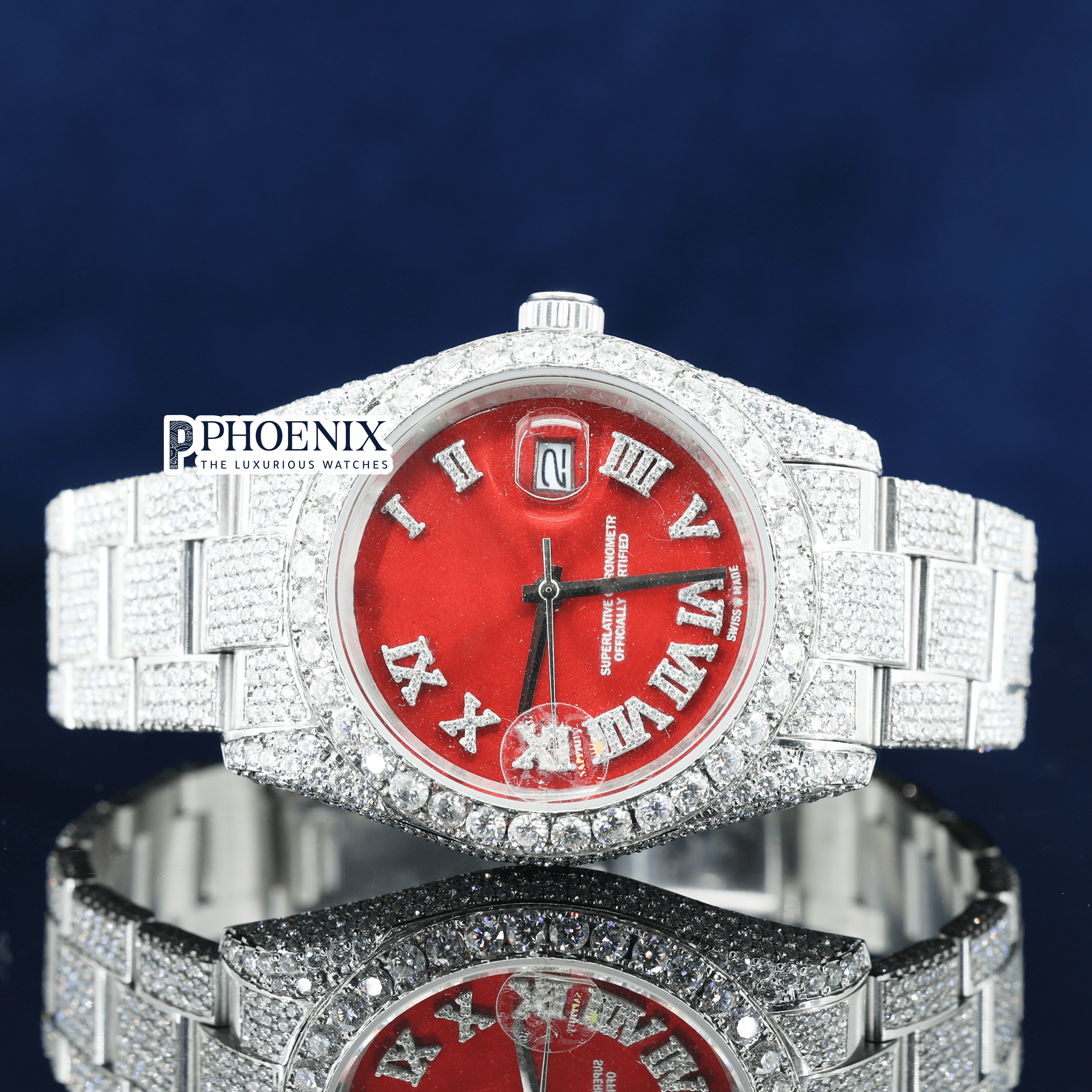 Iced Out Red Dial Roman Numerals Moissanite Diamond Rolex Watch