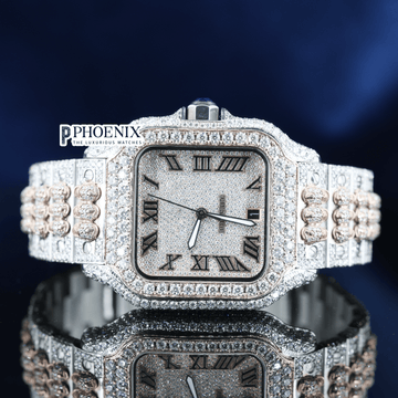 Rose Gold Dial Black Roman Numerals Moissanite Diamond Cartier Watch