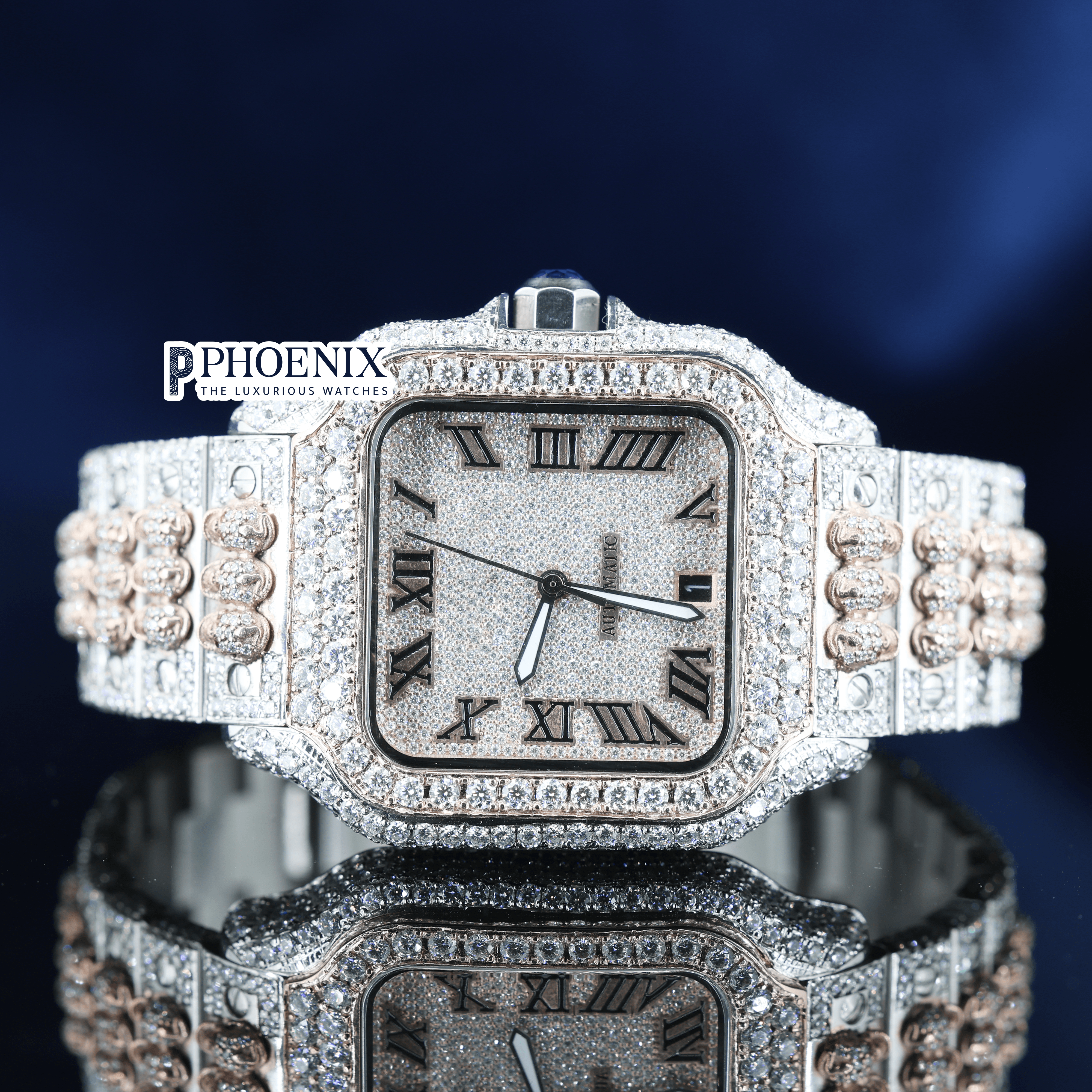 Rose Gold Dial Black Roman Numerals Moissanite Diamond Cartier Watch