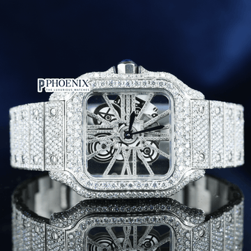 White Gold Fully Iced Out Skeleton Dial Moissanite Diamond Cartier Watch