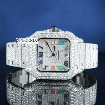 Fully Iced Rainbow Roman Numerals White Dial Moissanite Diamond Cartier Watch