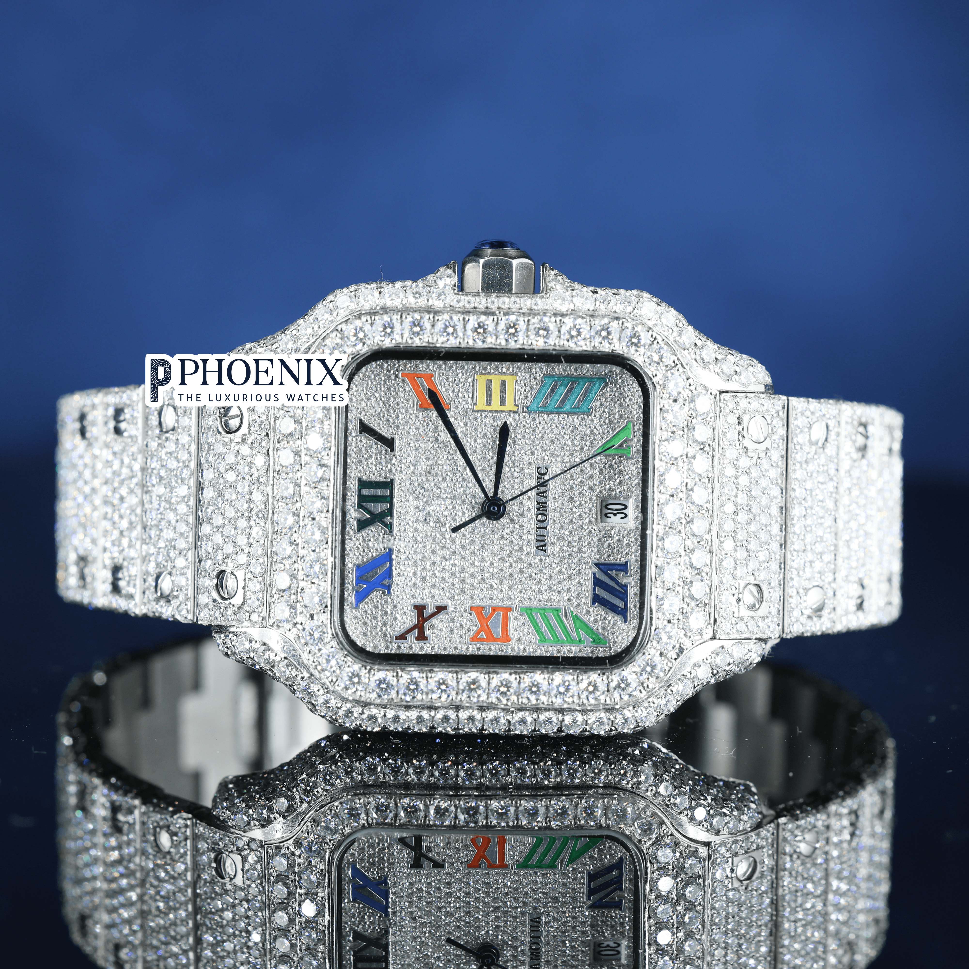 Fully Iced Rainbow Roman Numerals White Dial Moissanite Diamond Cartier Watch
