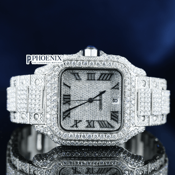 Black Roman Numerals Dial Block Link Strap Moissanite Cartier Watch