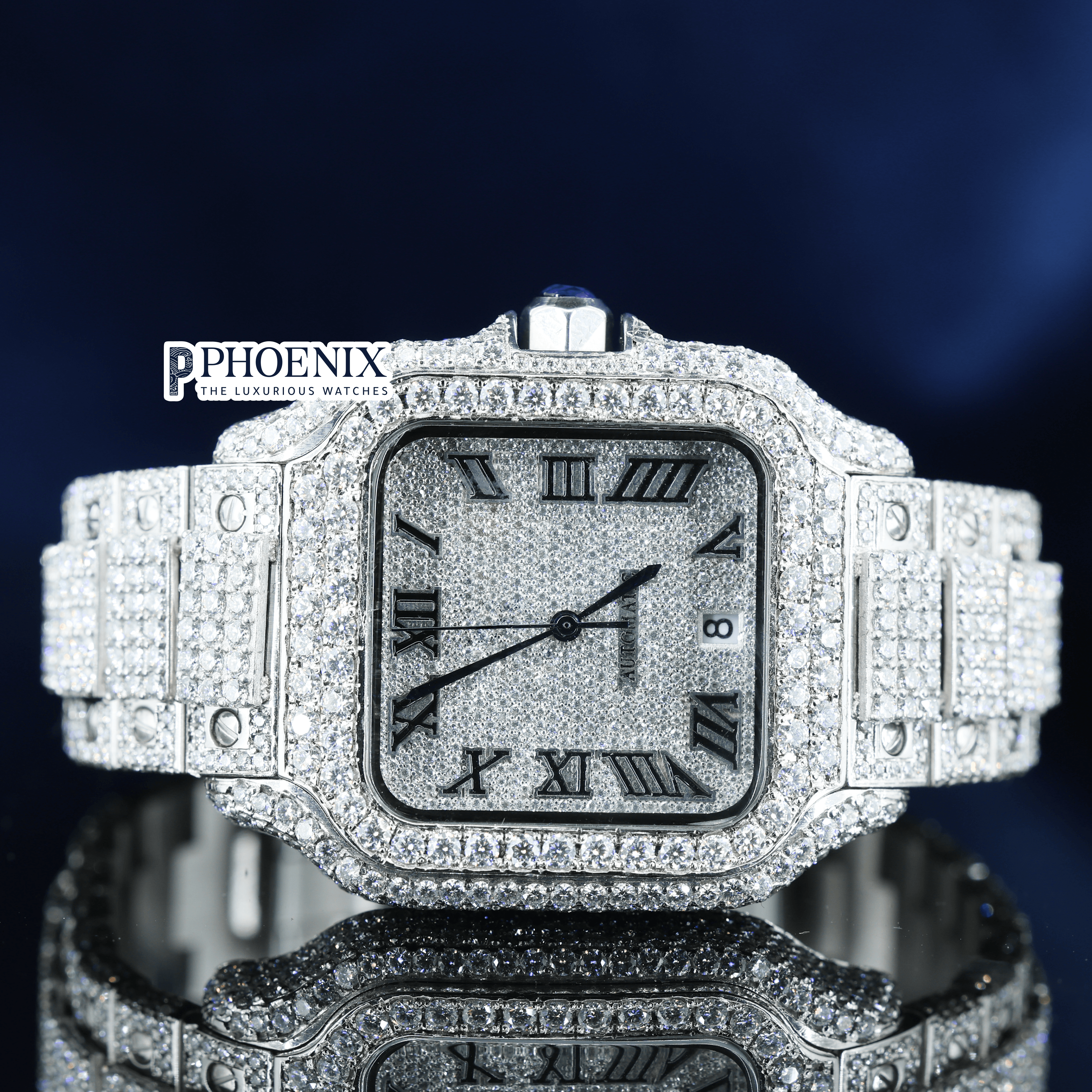 Black Roman Numerals Dial Block Link Strap Moissanite Cartier Watch
