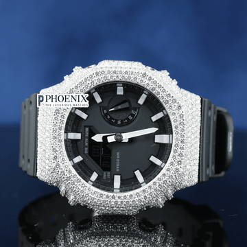 Custom Black Dial Iced Out White Gshock Watch with Black Strap and White Markers