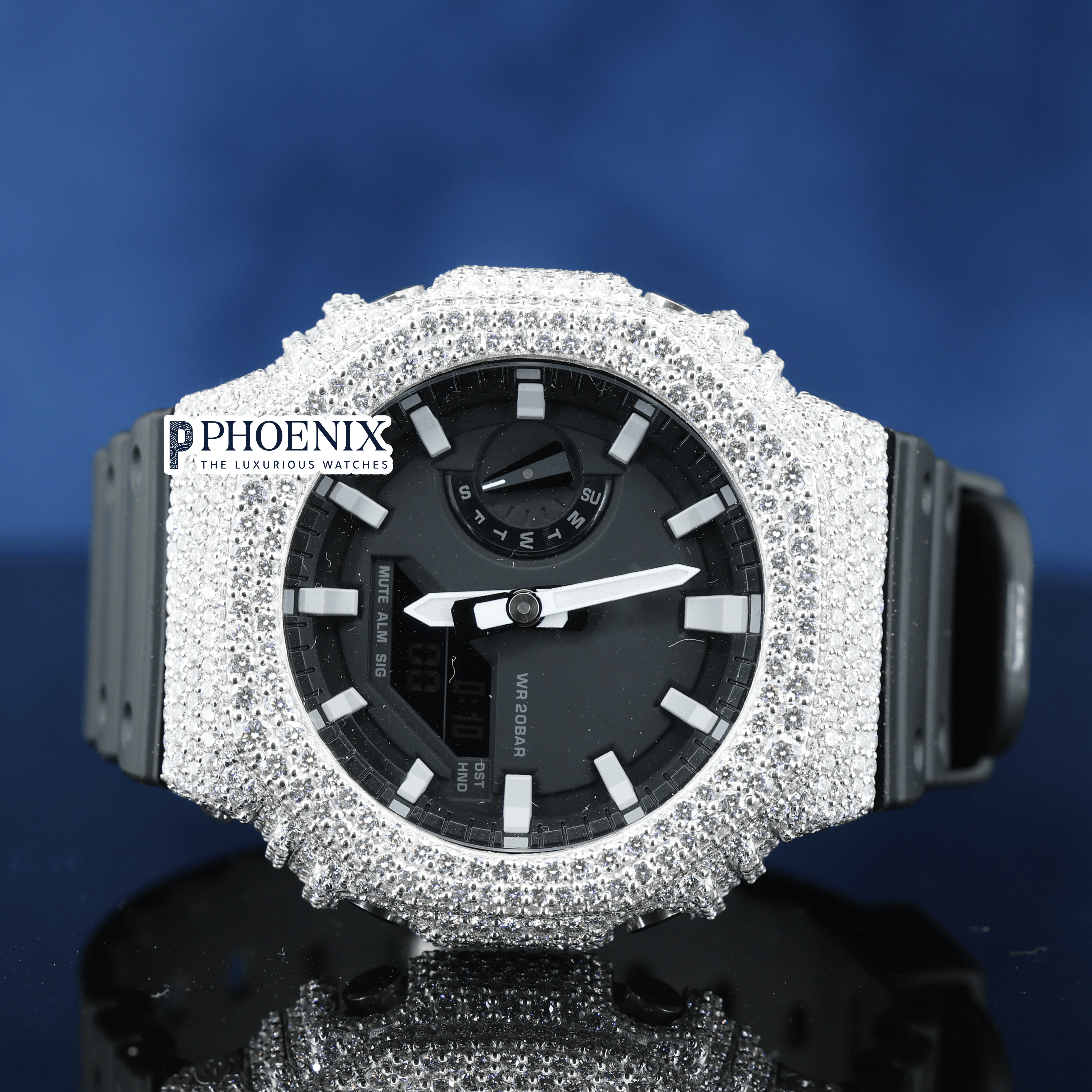 Custom Black Dial Iced Out White Gshock Watch with Black Strap and White Markers