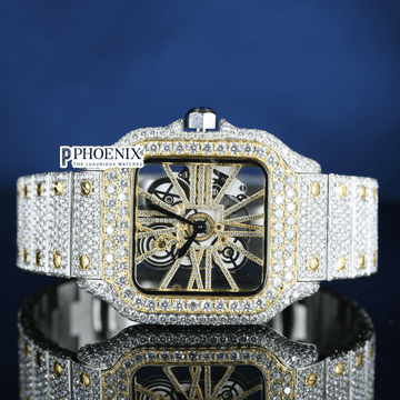 Yellow Gold Skeleton Dial Two Tone Diamond Bar Strap Moissanite Cartier Watch