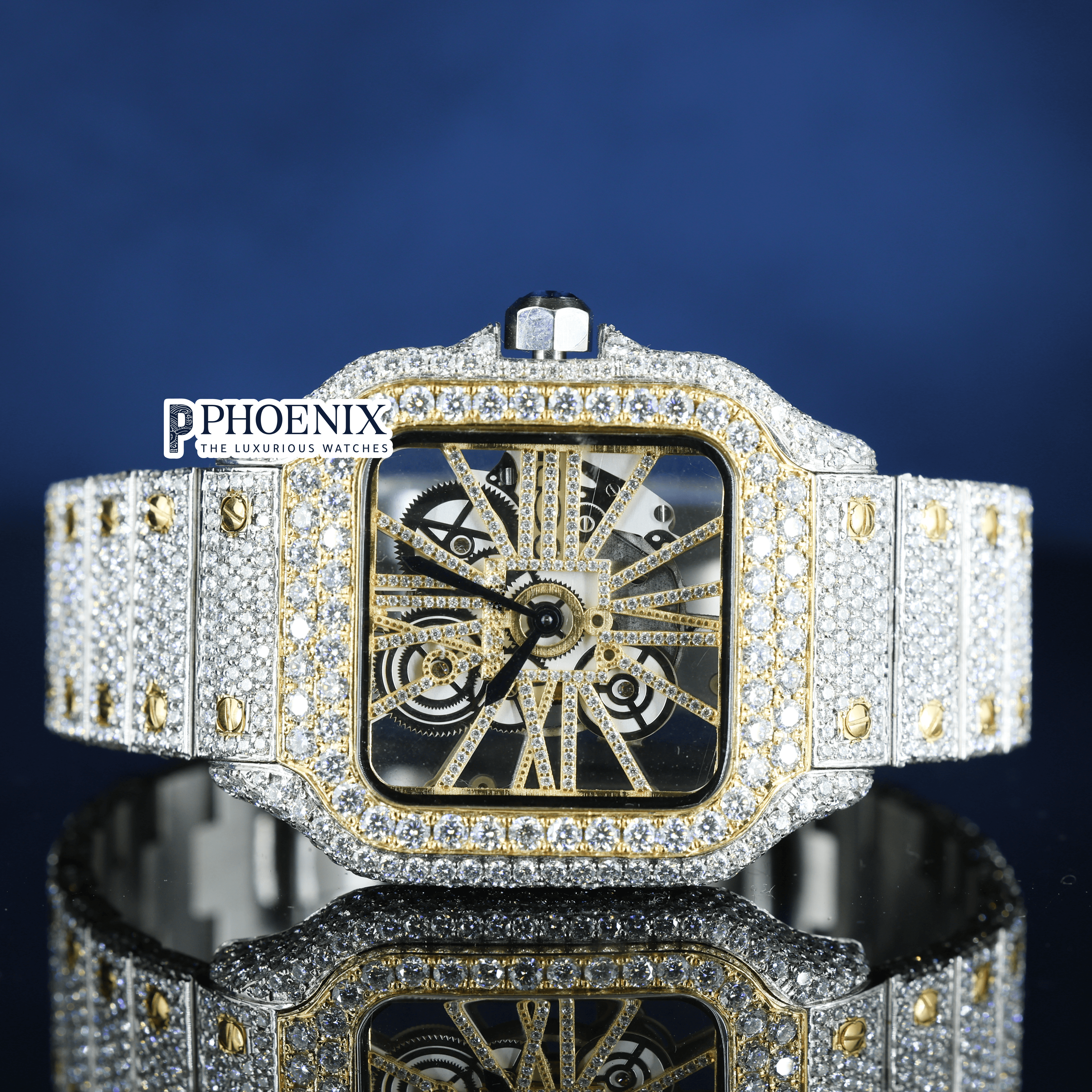 Yellow Gold Skeleton Dial Two Tone Diamond Bar Strap Moissanite Cartier Watch
