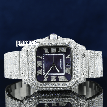 Roman Numerals Purple Dial Fully Iced Out Moissanite Diamond Cartier Watch